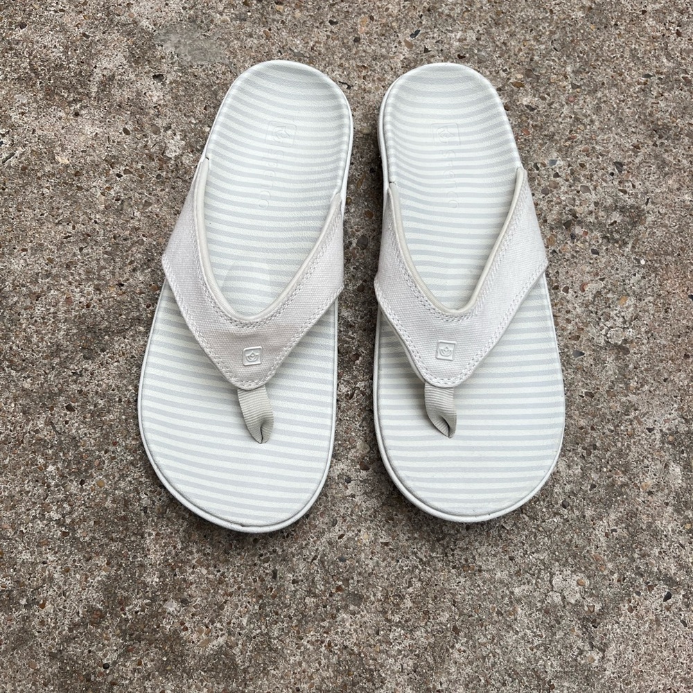 Striped Flip Flop Sandals with Subtle Logo Accent - Light Gray & White